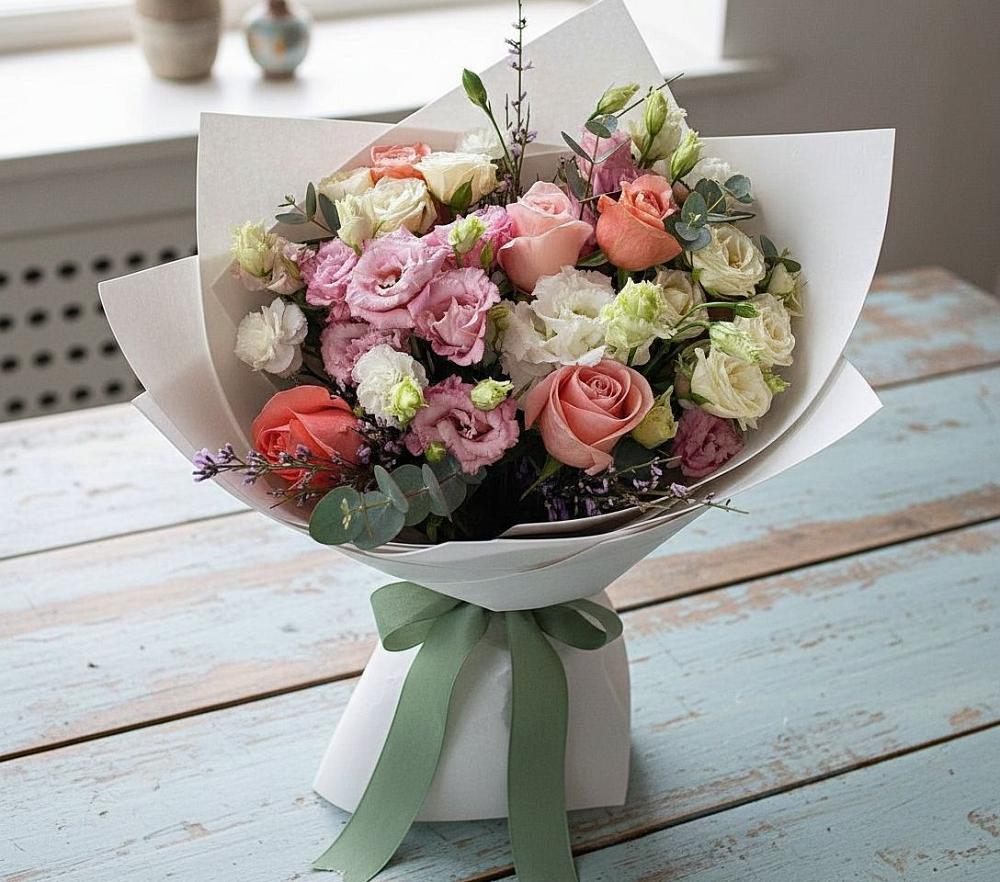 Букет цветов из: Розы, Лизиантусы и Гвоздики в Глубоком