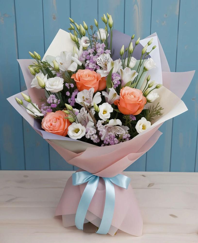 Букет цветов из: Лизиантусы, Розы, Альстромерии и Гипсофила в Глубоком