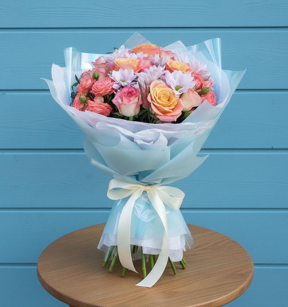 Букет цветов из: Хризантемы и Розы в Глубоком